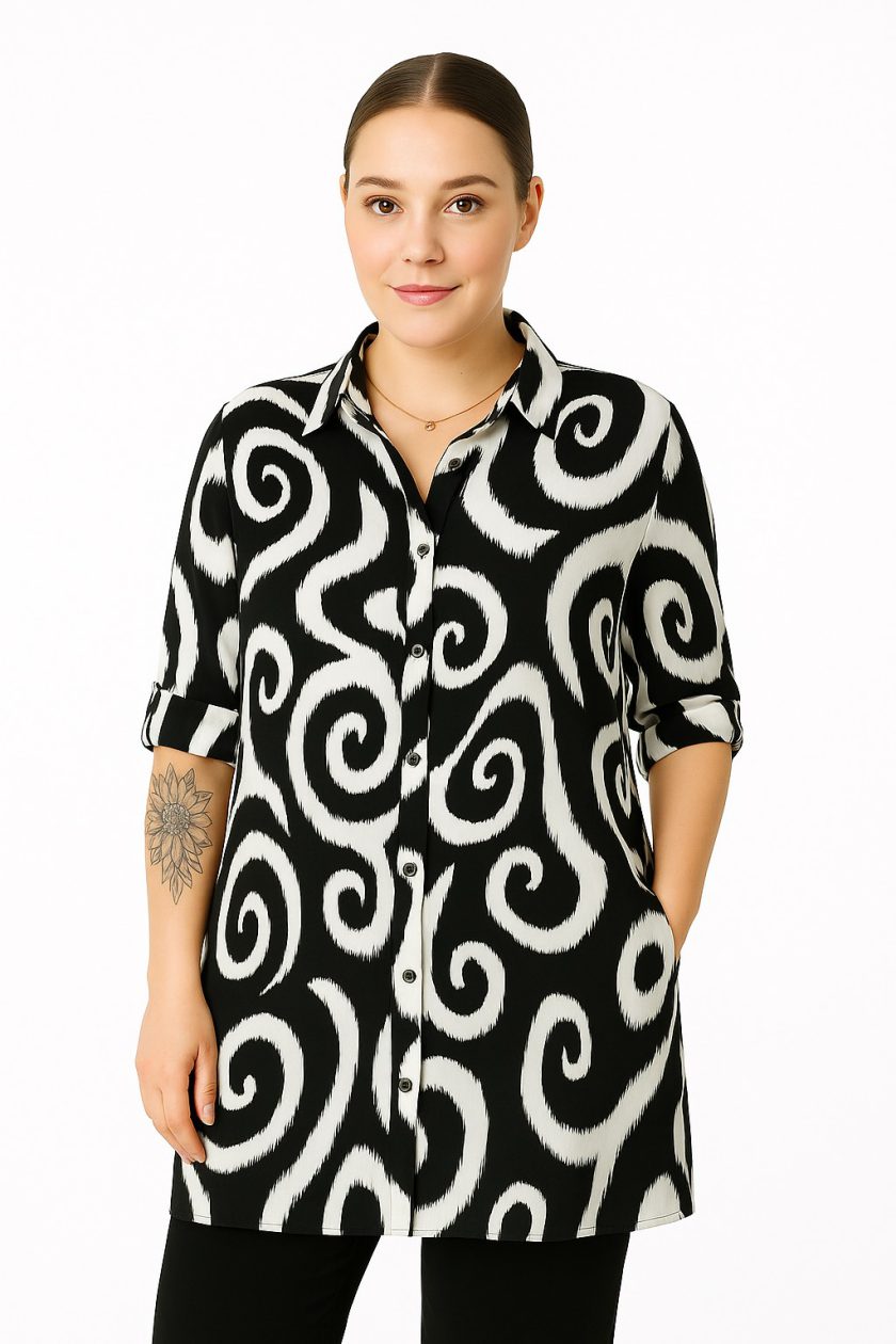 Γυναικεία Πουκάμισο Over Size Μαύρο Λευκό Ζικ Ζακ Μοτίβο Viscose Ελαστικό Curve-Plus Size