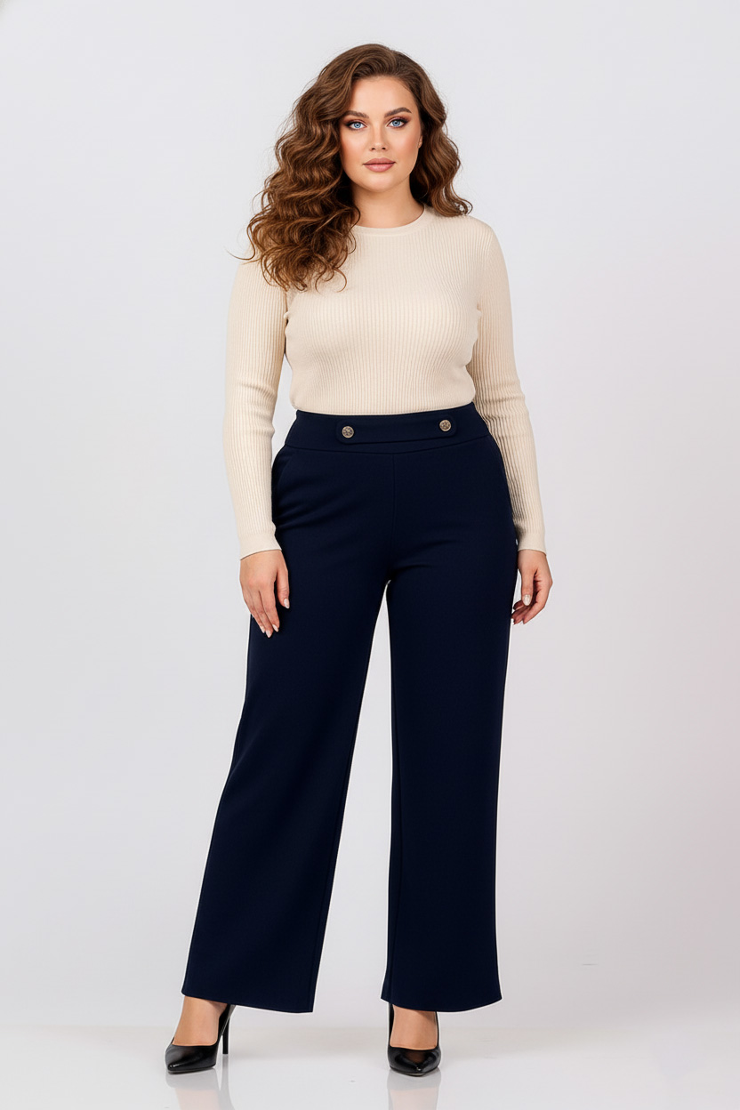 Γυναικείο Παντελόνι Φαρδύ Μπλε Κρεπ Plus size