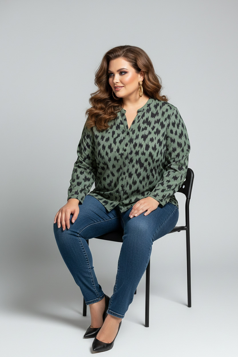 Γυναικείο Πουκάμισο Viscose Χακί Print Ελαστικό Curve-Plus Size
