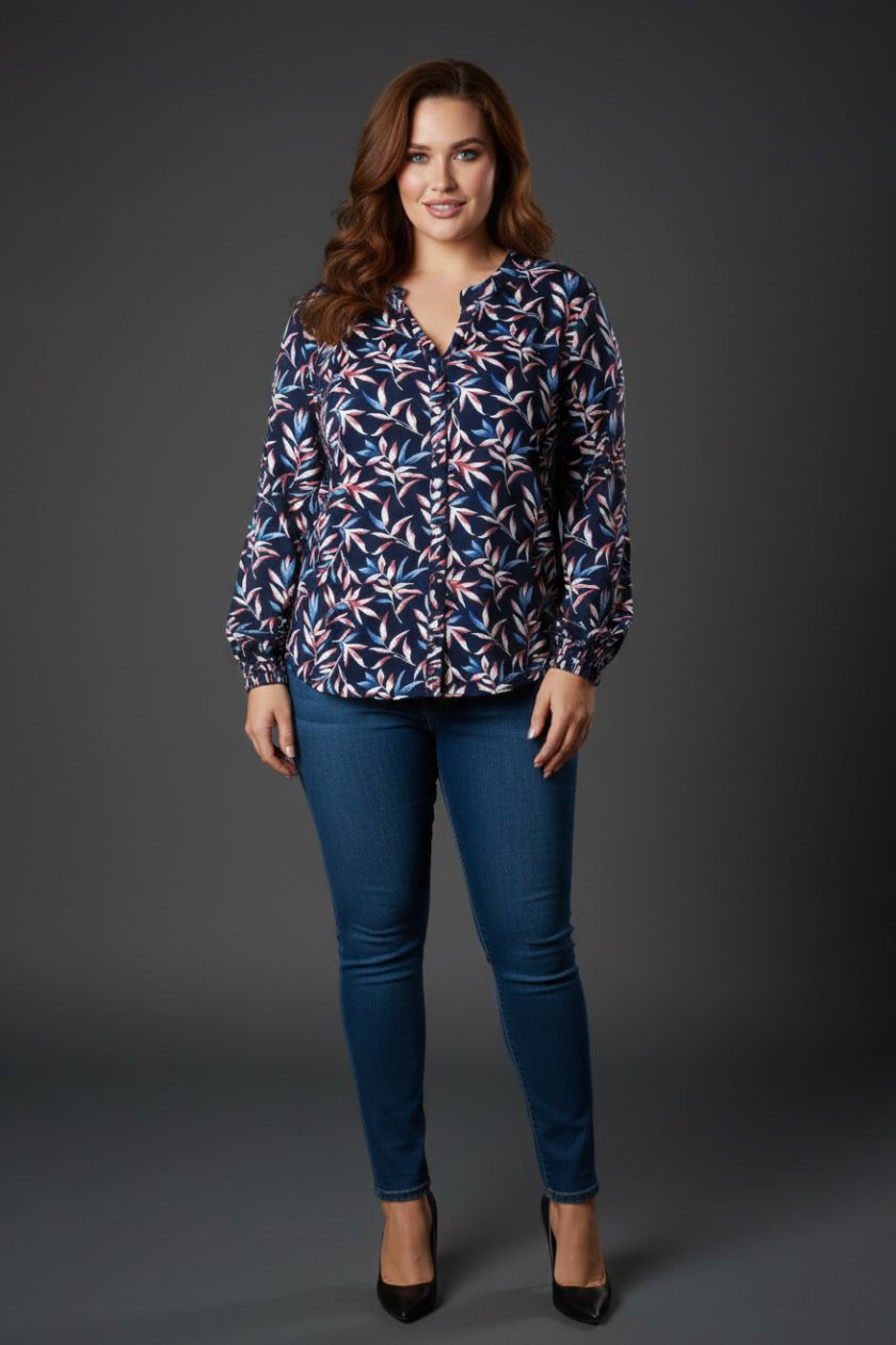 Γυναικεία Πουκάμισο Viscose Μπλε blue with leaves Ελαστικό Curve-Plus Size