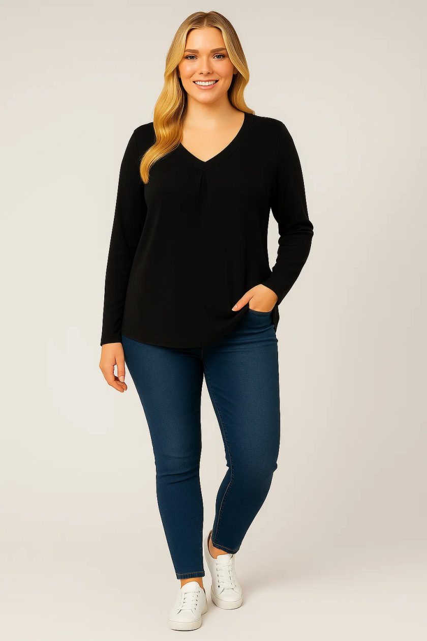 Γυναικεία Μπλούζα Με V Λεπτό Πλεκτό Μαύρο  Curve-Plus Size
