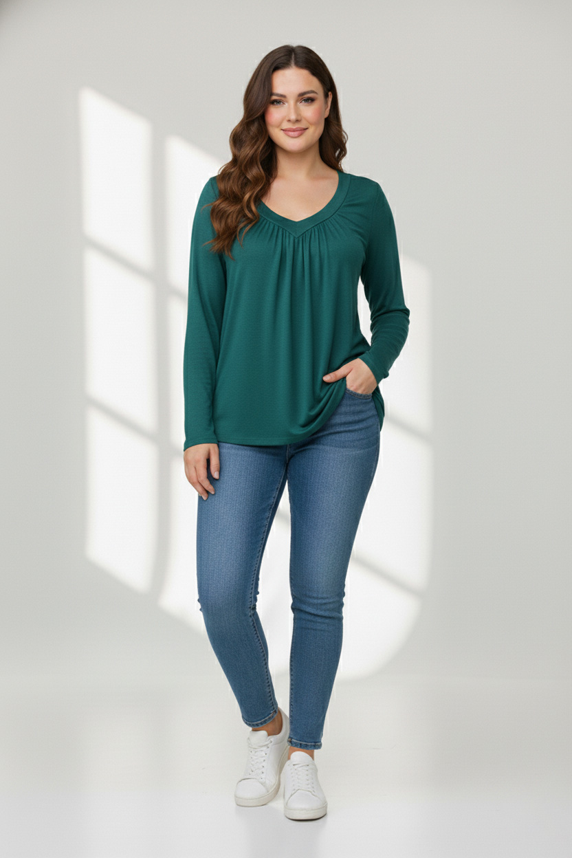 Γυναικεία Μπλούζα V Πετρόλ σε Ψιλό Πλεκτό Curve-Plus Size