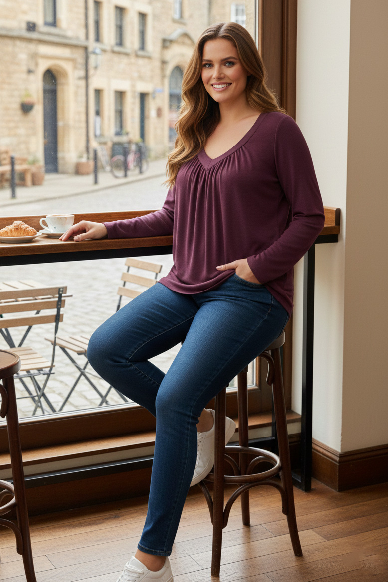 Γυναικεία Μπλούζα V Βυσσινι σε Ψιλό Πλεκτό Curve-Plus Size