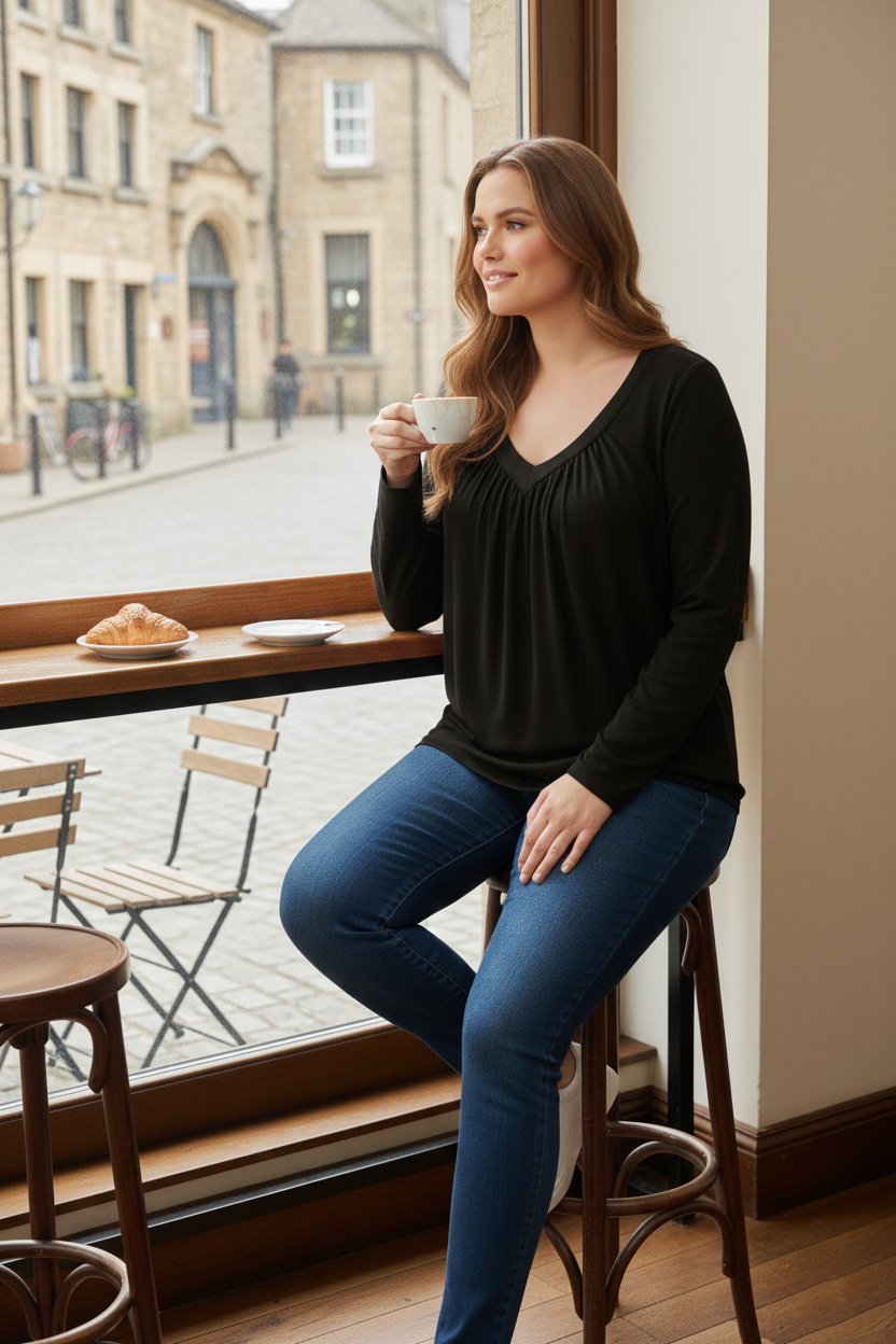 Γυναικεία Μπλούζα V Μαύρο σε Ψιλό Πλεκτό Curve-Plus Size