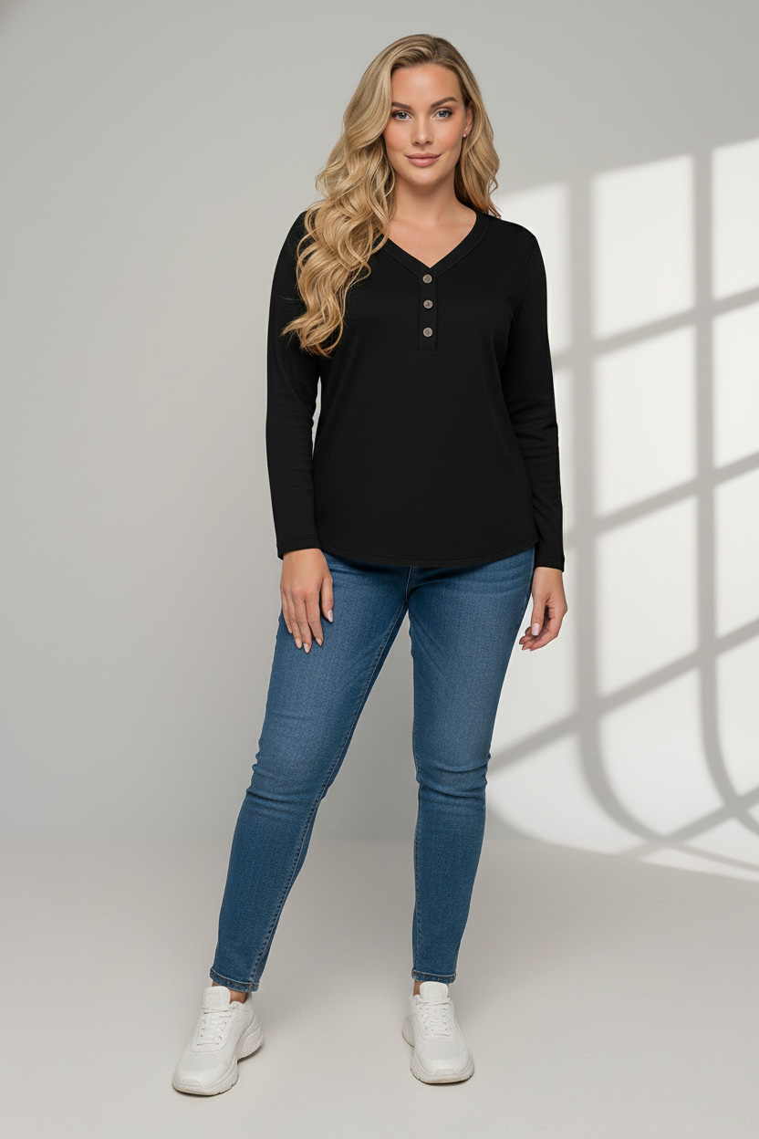 Γυναικεία Μπλούζα σε Ψιλό Πλεκτό V Μαύρο Με Κουμπιά διακοσμητικά Curve-Plus Size