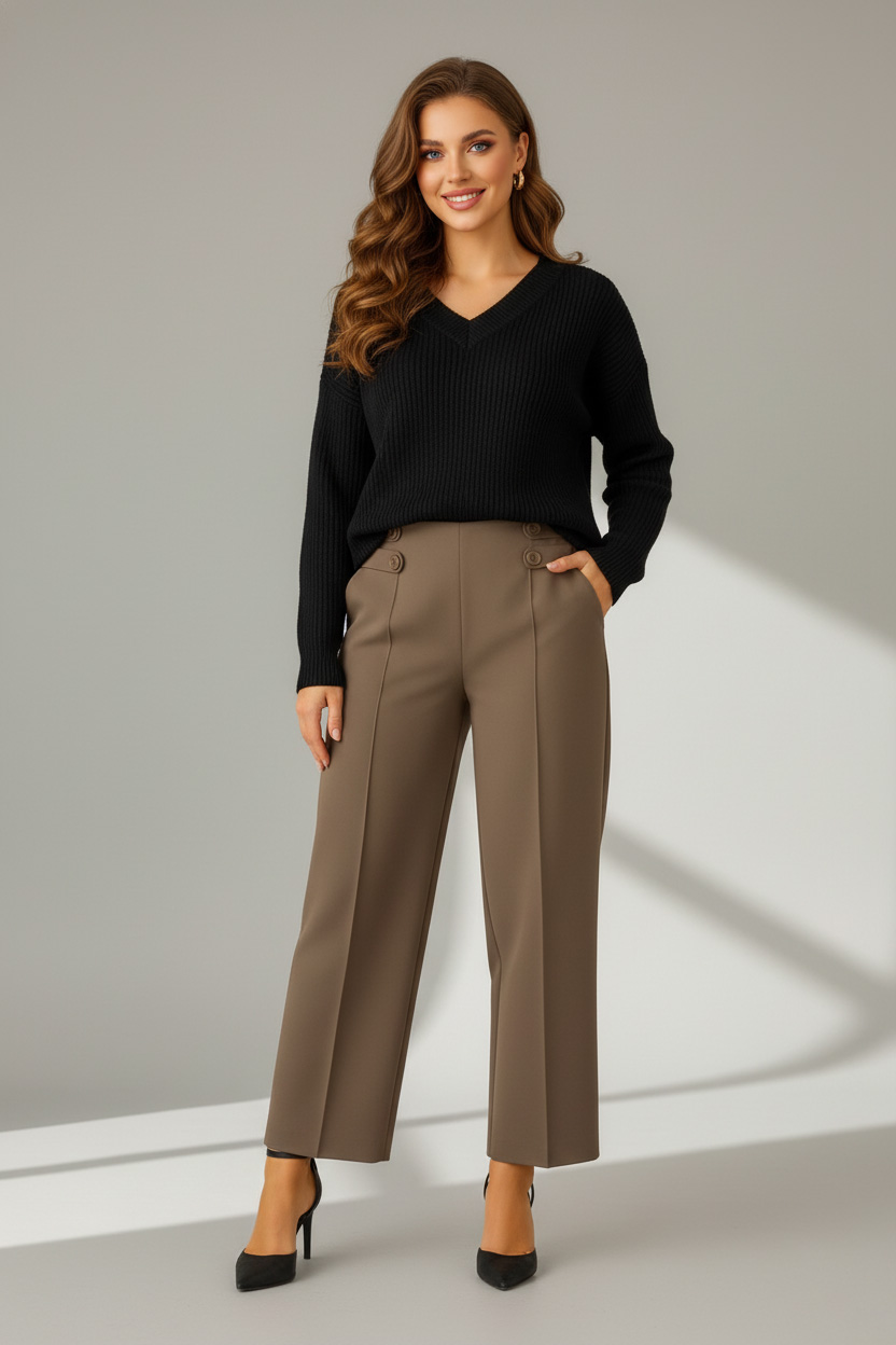 Γυναικεία Παντελόνα ελαστική Μπεζ Με Κουμπιά στο Πλάι Plus Size