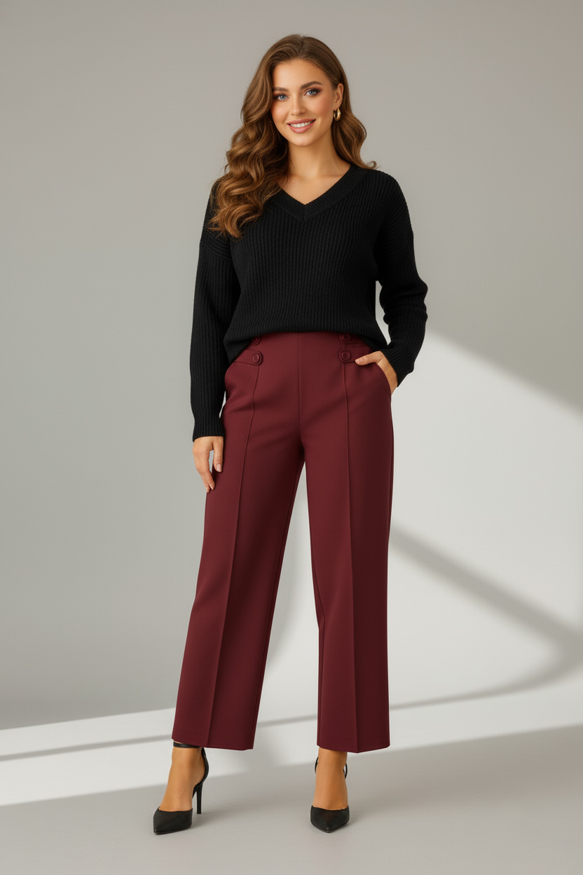 Γυναικεία Παντελόνα ελαστική Μπορντό Με Κουμπιά στο Πλάι Plus Size