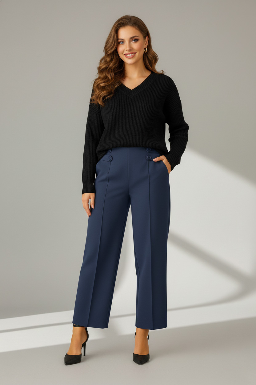 Γυναικεία Παντελόνα ελαστική Μπλε Με Κουμπιά στο Πλάι Plus Size