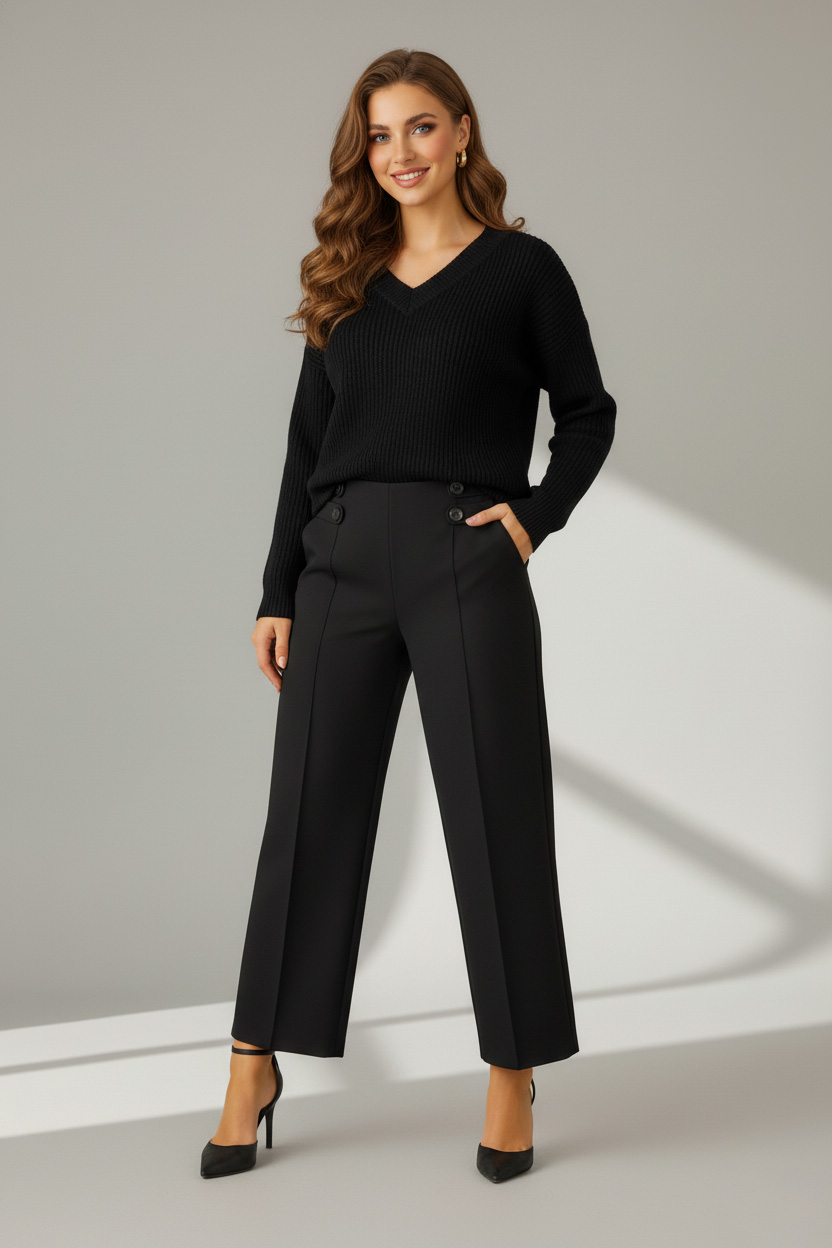 Γυναικεία Παντελόνα ελαστική Μαύρο Με Κουμπιά στο Πλάι Plus Size