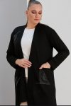 Γυναικεία Ζακέτα βισκοζ Μαύρη Με Λεπτομέρειες Δερματίνη , Plus Size
