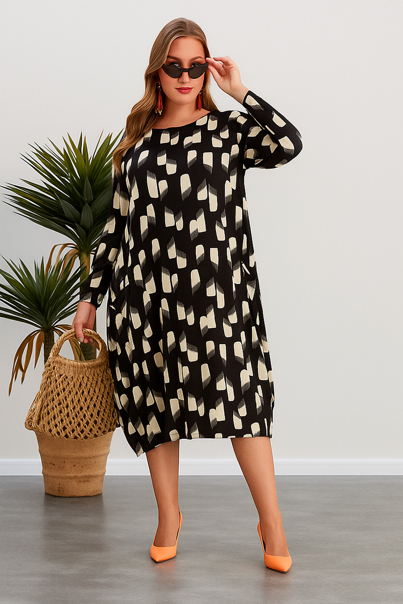 Γυναικείο Φόρεμα Σάκος Viscose Με Τσέπες Μαύρο Με Σχέδια Μοτίβο Plus size