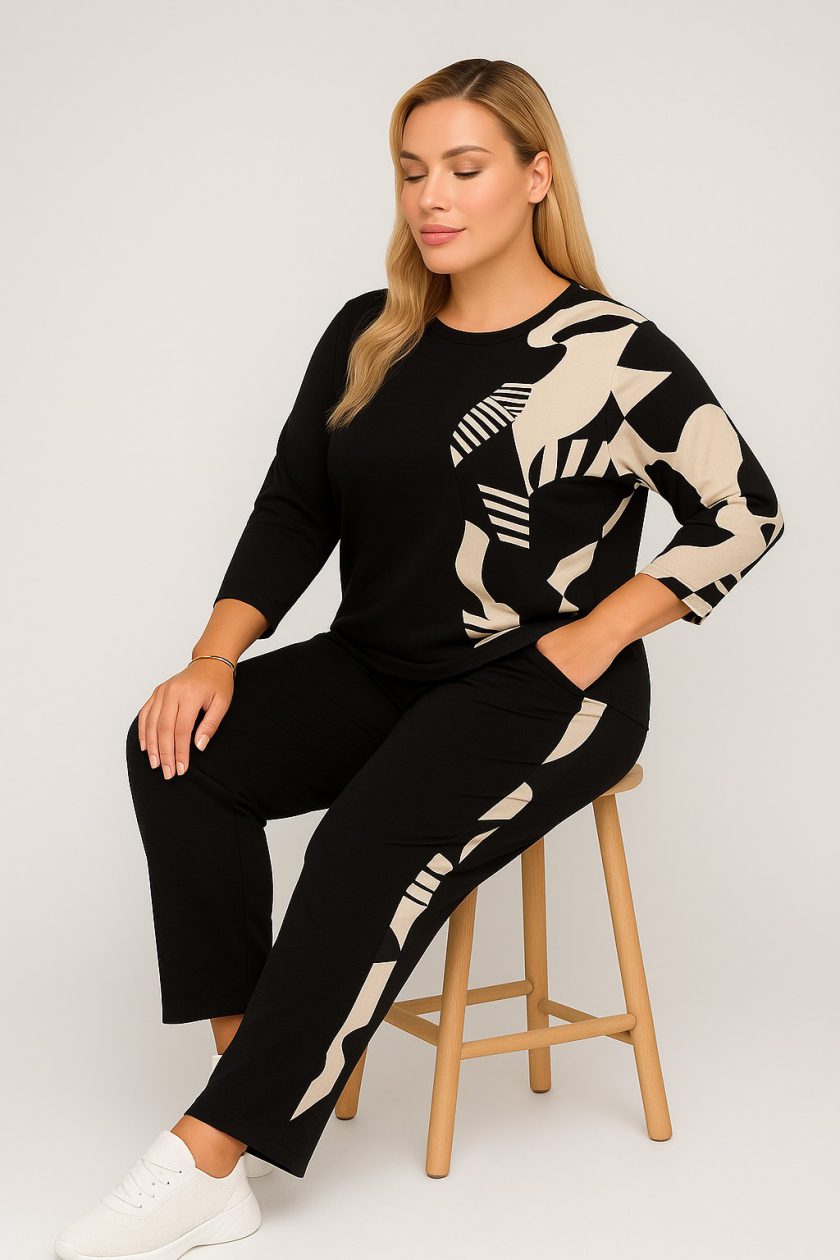 Γυναικείο Σετ φόρμες 3/4 σε μαύρο χρώμα με κρεμ λεπτομέρειες σε βισκοζ λικρα Plus Size