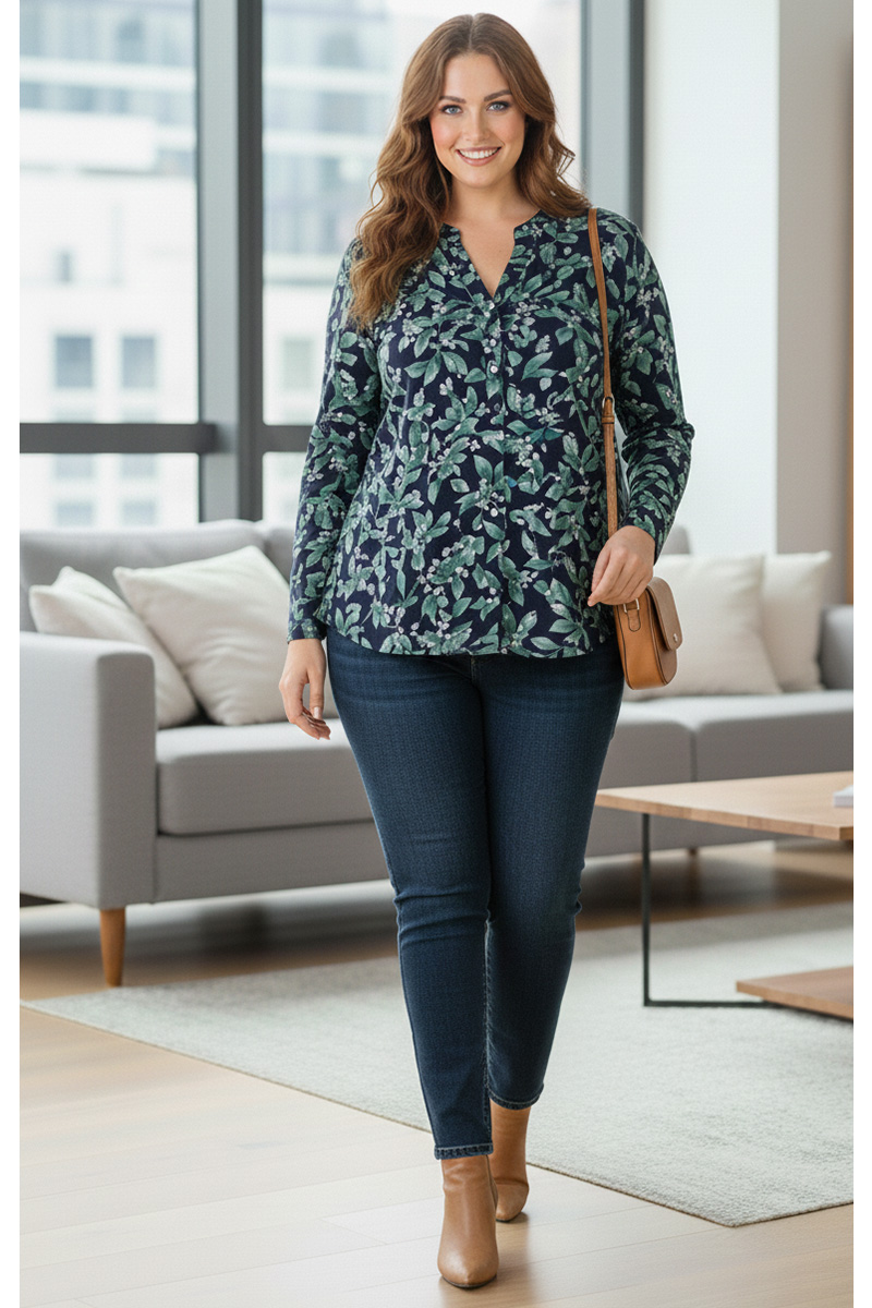 Γυναικεία Πουκάμισο Viscose Πετρολ Floral  Ελαστικό Curve-Plus Size