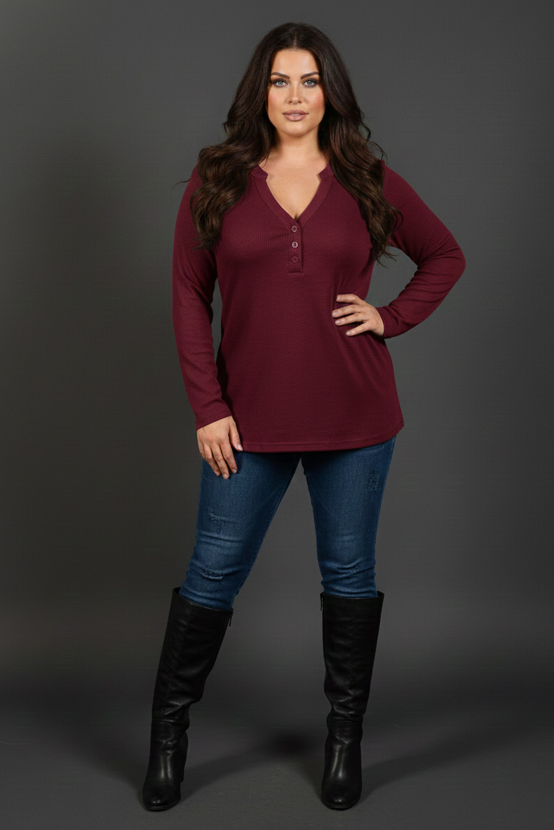 Γυναικεία Μπλούζα Με Κουμπιά Λεπτό Πλεκτό Μπορντό  Curve-Plus Size