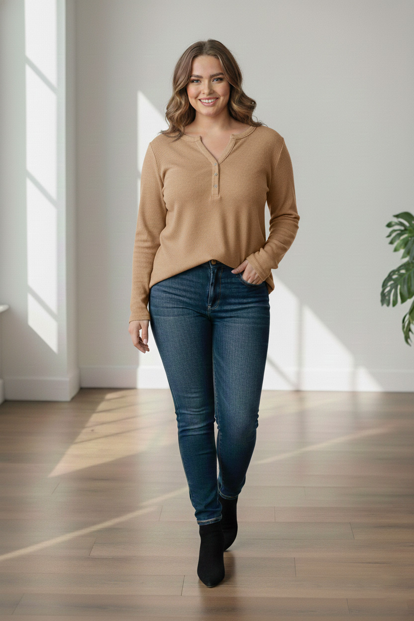 Γυναικεία Μπλούζα Με Κουμπιά Λεπτό Πλεκτό Μπεζ Curve-Plus Size