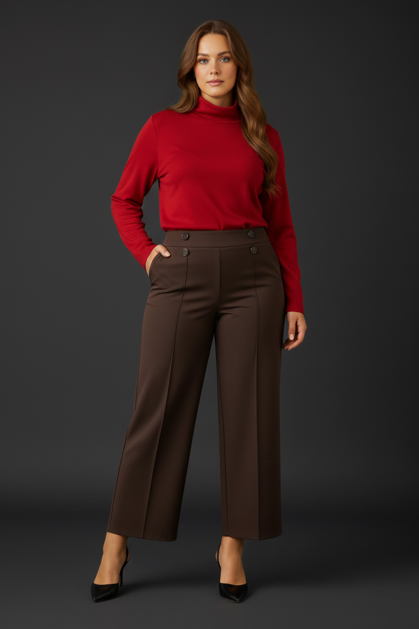 Γυναικείο Παντελόνι Με τσέπες Καφέ Κρεπ Με Λάστιχο Plus size