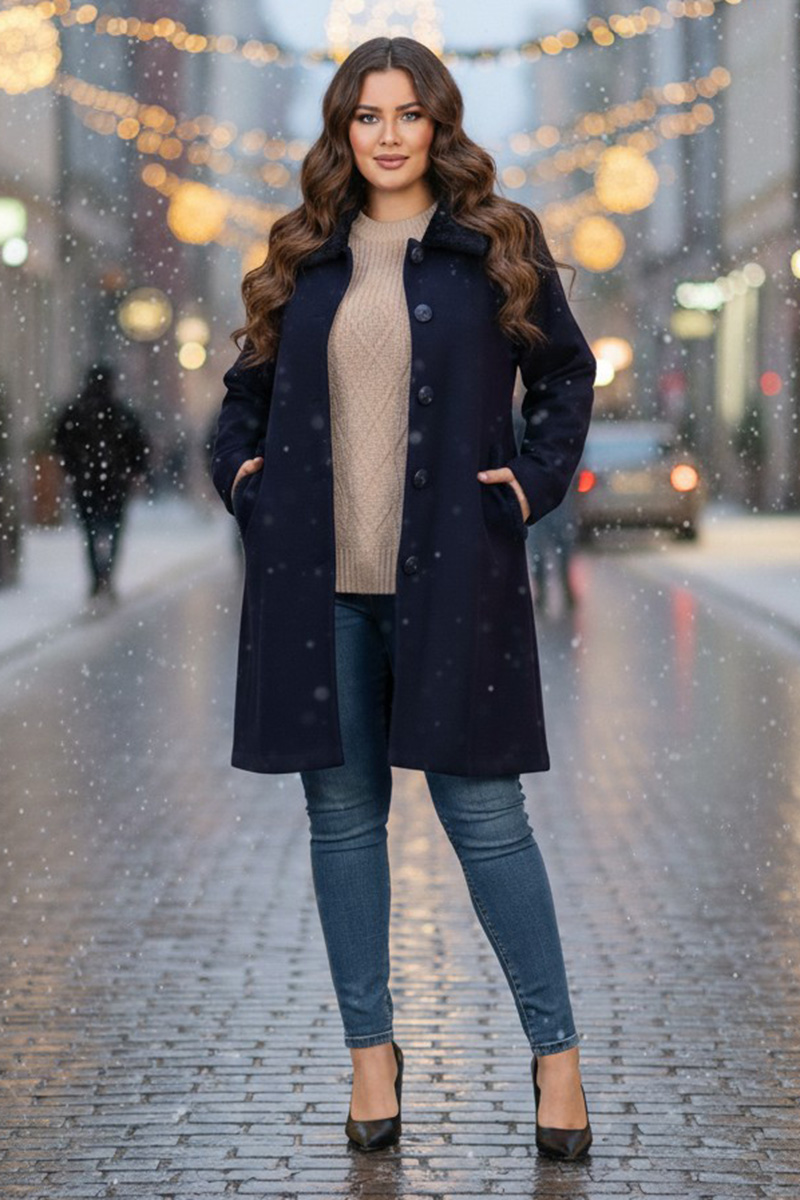 Γυναικεία Παλτοζακέτα Βαμβακερή  Μπλε Με Κουμπιά & Τσέπες Curve-Plus Size