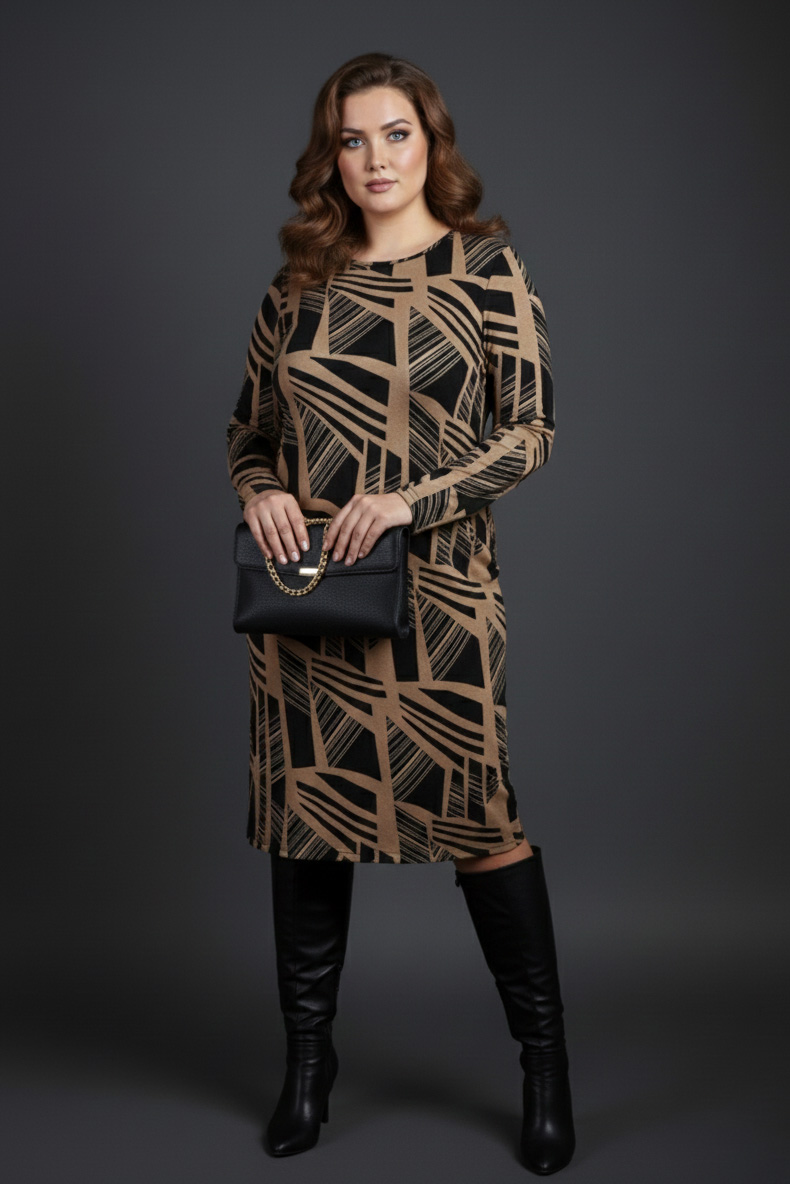 Γυναικείο Φόρεμα Λαιμόκοψη Χνουδωτό Viscose Καφέ Με σχήματα Plus size