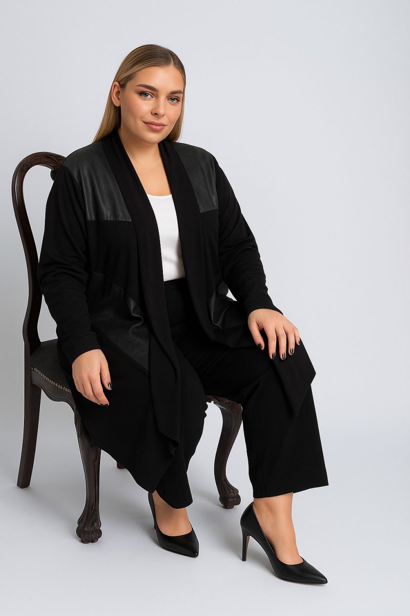 Γυναικεία Ζακέτα βισκοζ Μαύρη Με Δερματίνη Over Size  Curve-Plus Size
