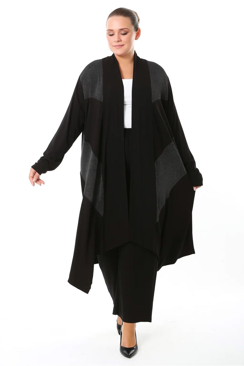 Γυναικεία Ζακέτα βισκοζ Μαύρη Με Μοτίβο Γκρι Over Size  Curve-Plus Size