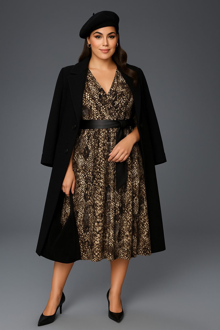 Γυναικείο Φόρεμα Χνουδωτό Print Snake Βαμβακερό Midi Κρουαζέ Με Τσέπες Plus size