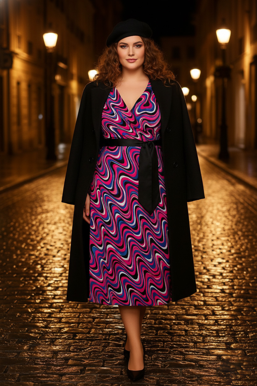 Γυναικείο Φόρεμα Χνουδωτό Φούξια Ματ Βαμβακερό Midi Κρουαζέ Με Τσέπες Plus size