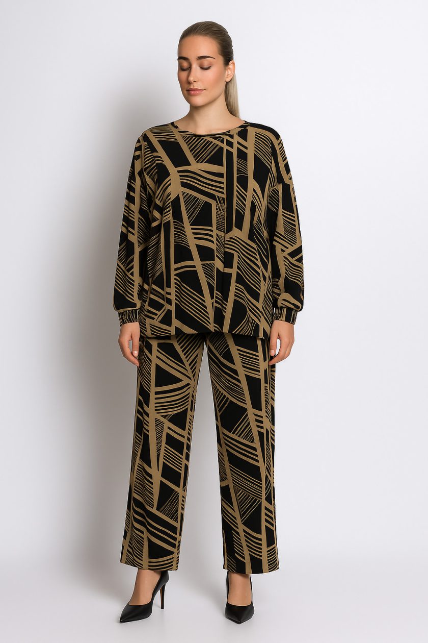 Γυναικείο Σετ Βαμβακερό Μοτίβο Μαύρο & Μπεζ Plus Size