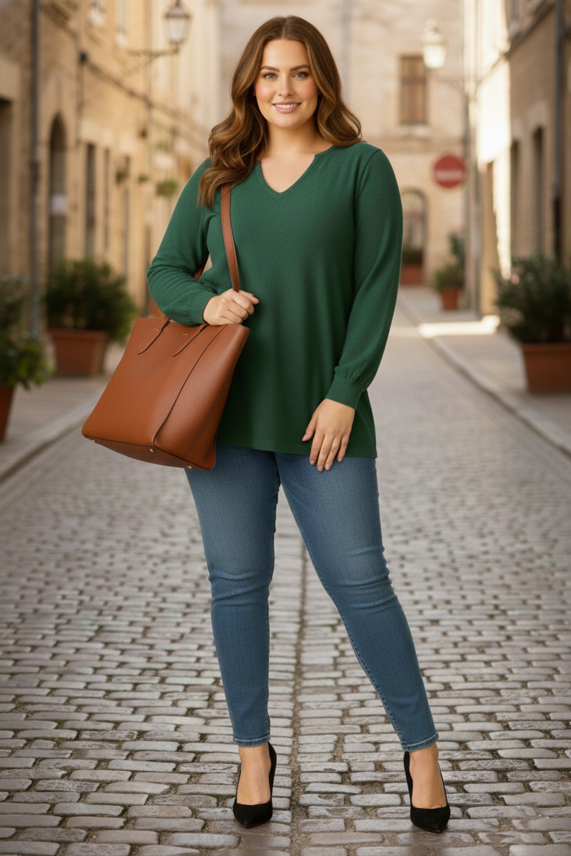 Γυναικεία Μπλούζα Πράσινη V σε Ψιλό Πλεκτό Curve-Plus Size