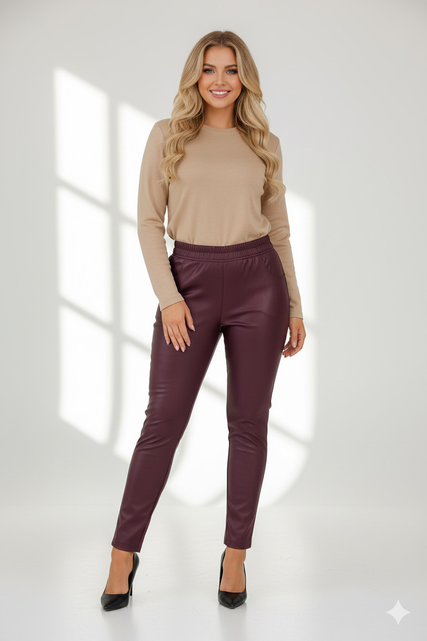 Γυναικείο Παντελόνι Δερματίνη Κολάν Μπορντό Curve-Plus Size