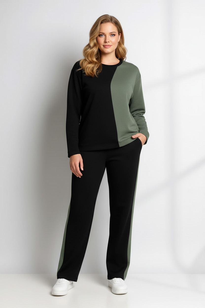 Γυναικείο Σετ φόρμα σε Μαύρο/Πράσινο Χρώμα Με Ρίγα Βουτυρένια υφή σε Viscose Plus Size