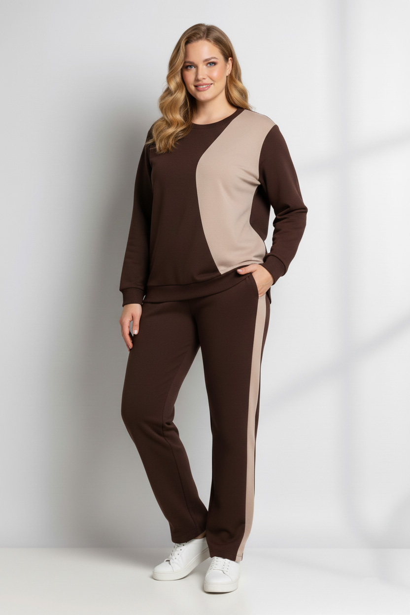 Γυναικείο Σετ φόρμα σε Καφέ/Μπεζ Χρώμα Με Ρίγα Βουτυρένια υφή σε Viscose Plus Size