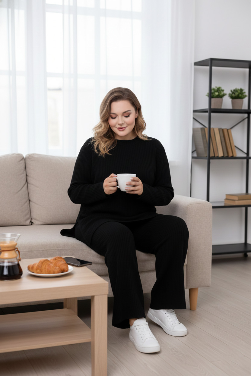 Γυναικείο Σετ φτιαγμένο από ριπ (πλεκτό) ύφασμα σε Μαύρο Χρώμα  Plus Size