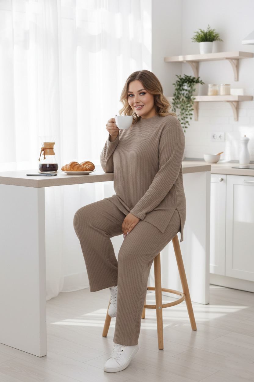 Γυναικείο Σετ φτιαγμένο από ριπ (πλεκτό) ύφασμα σε Μπεζ Χρώμα  Plus Size