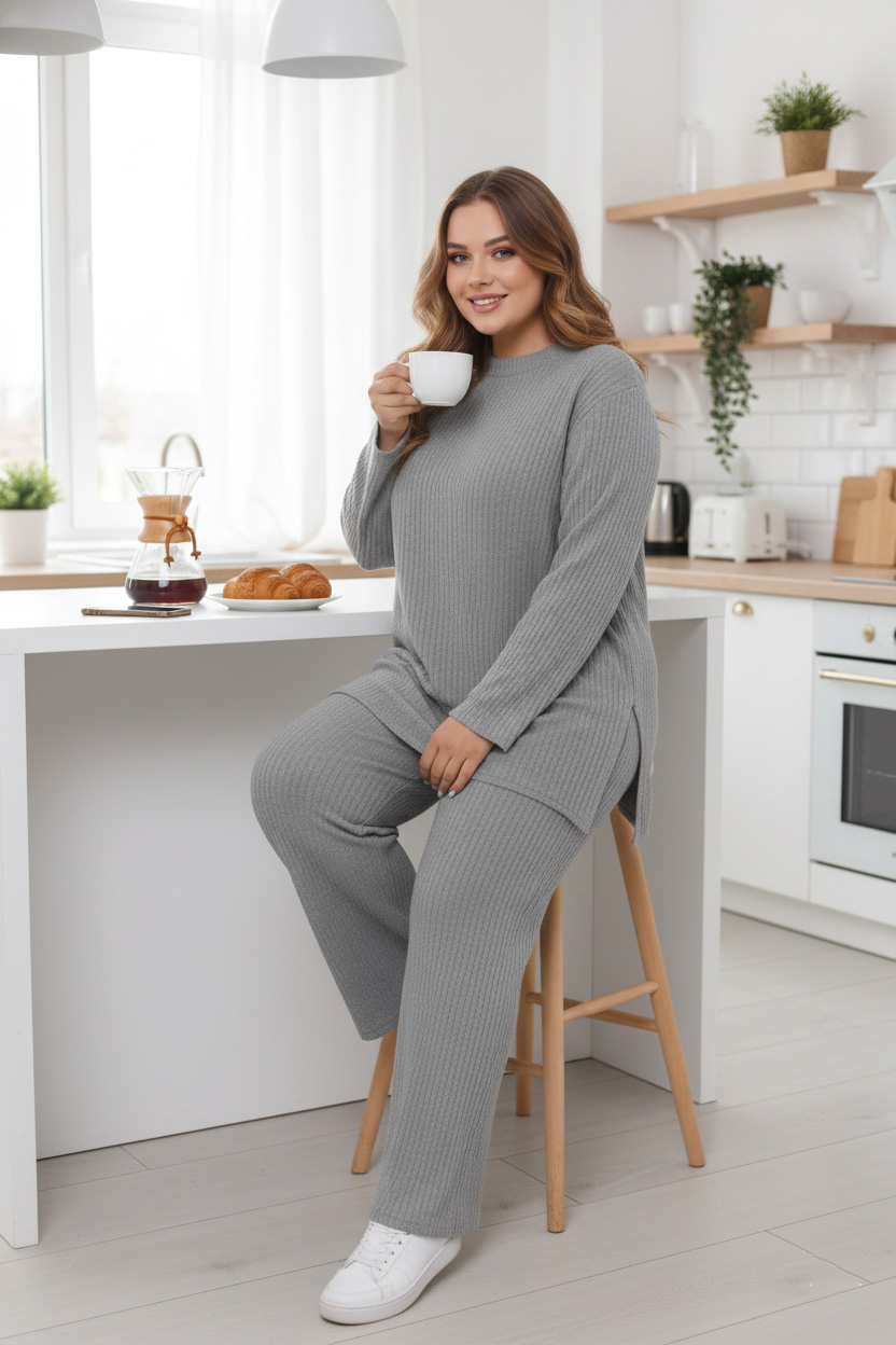 Γυναικείο Σετ φτιαγμένο από ριπ (πλεκτό) ύφασμα σε Γκρι Χρώμα  Plus Size