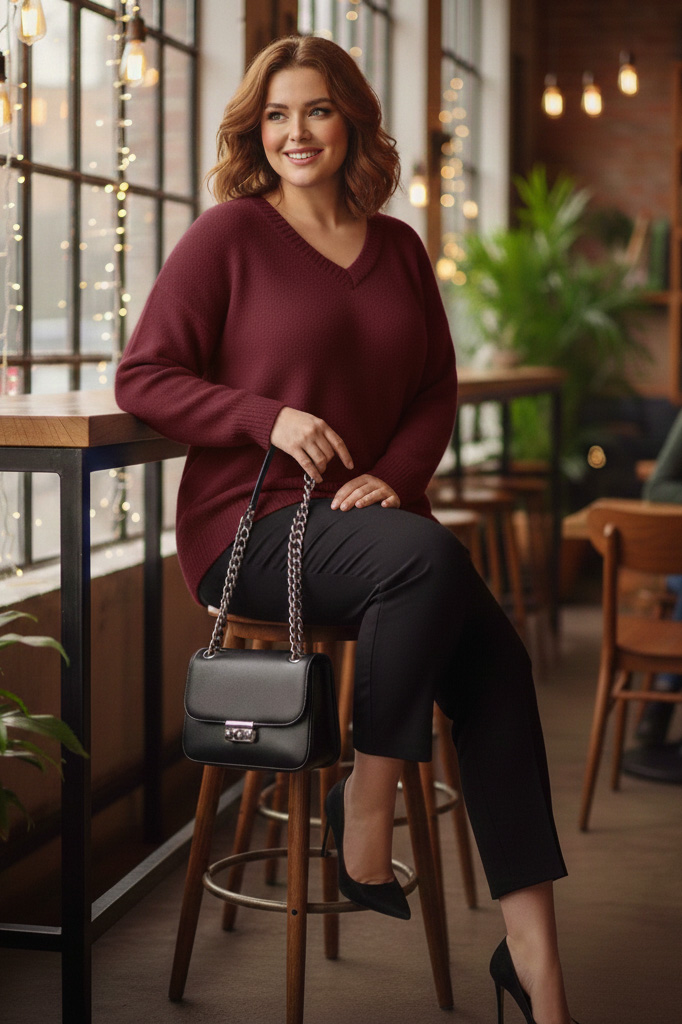 Γυναικεία Μπλούζα Μπορντό Πλεκτή ελαστική V Curve-Plus Size