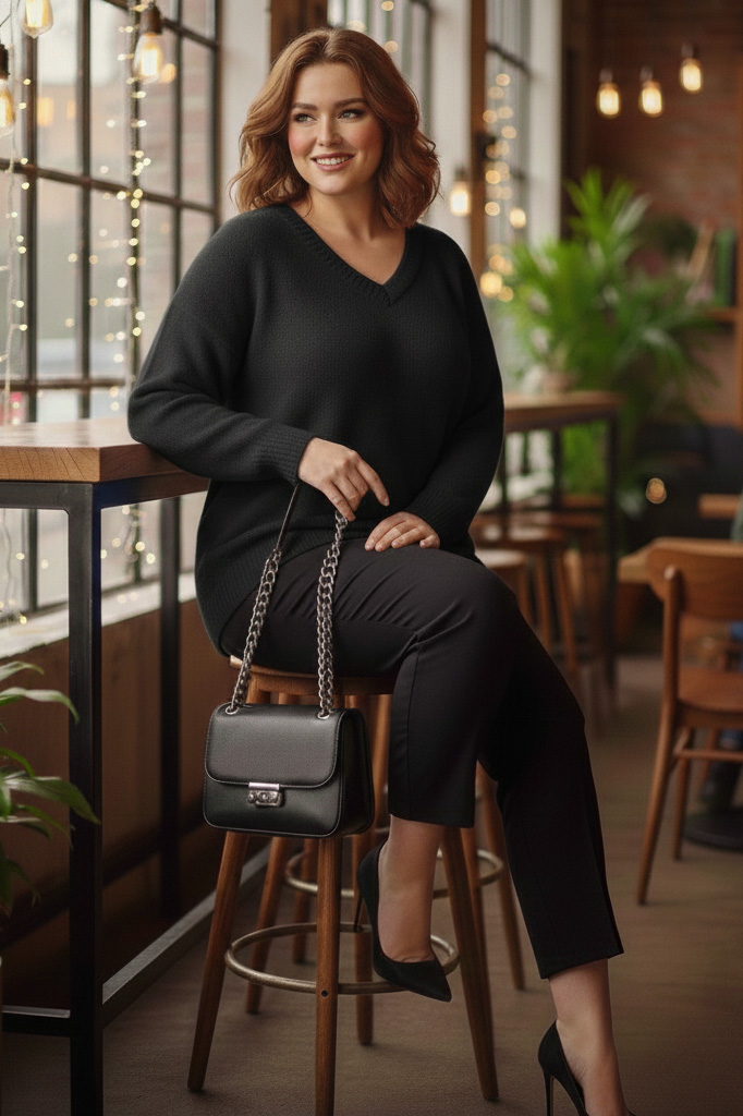 Γυναικεία Μπλούζα Μαύρη Πλεκτή ελαστική V Curve-Plus Size