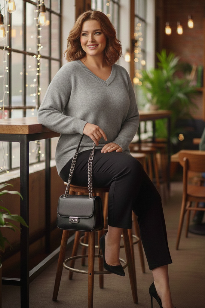 Γυναικεία Μπλούζα Γκρι Πλεκτή ελαστική V Curve-Plus Size