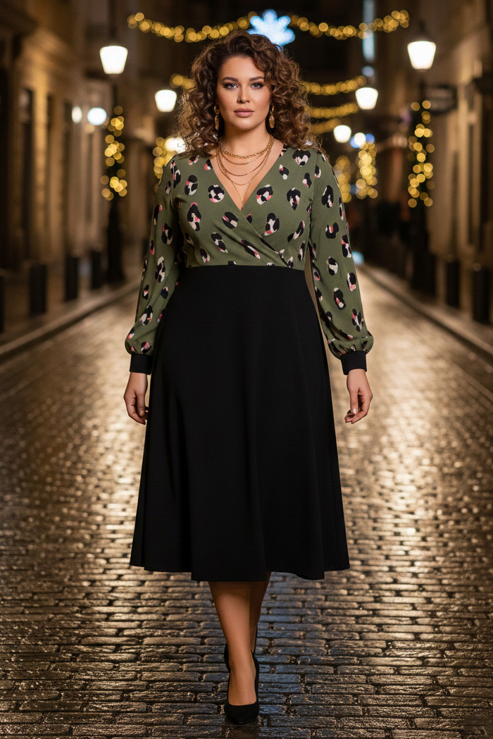 Γυναικείο Φόρεμα Viscose Μαύρο Πράσινο Μοτίβο πάνω Curve-Plus Size