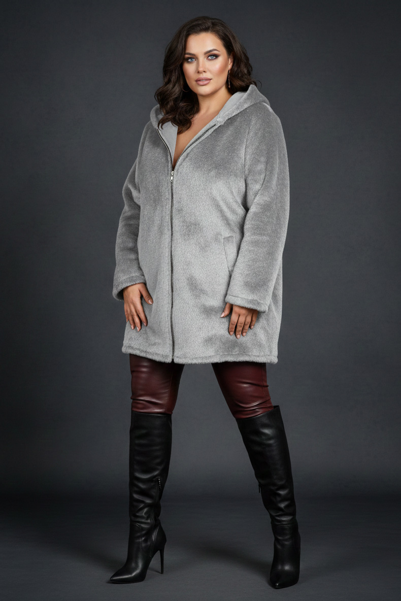 Γυναικεία Ζακέτα Γκρι Τύπου Γούνινη Με Κουκούλα Curve-Plus Size