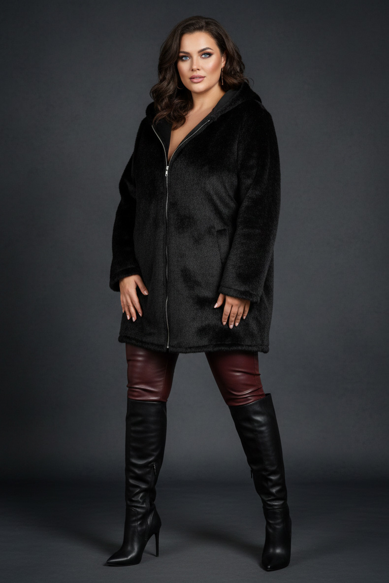 Γυναικεία Ζακέτα Μαύρη Τύπου γούνινη Με Κουκούλα Curve-Plus Size