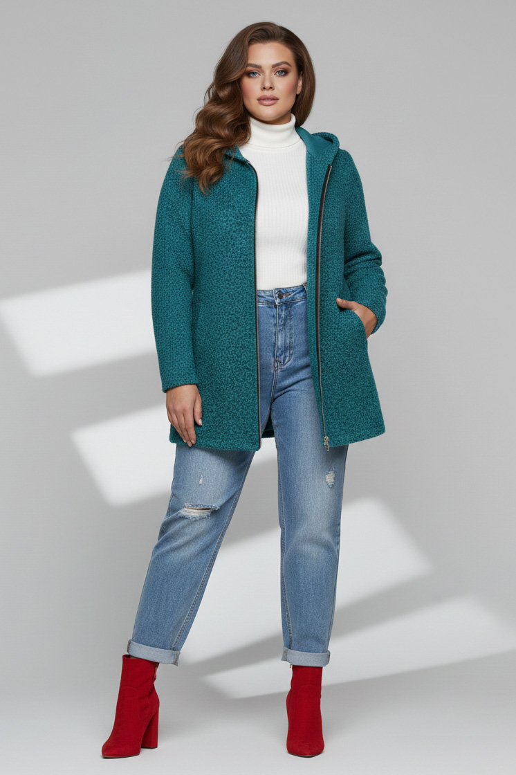 Γυναικεία Ζακέτα Πετρολ Με Μπουκλε Με Κουκούλα Curve-Plus Size