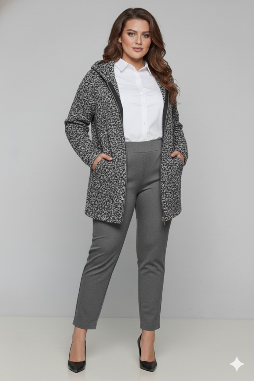 Γυναικεία Ζακέτα Γκρι Με Μπουκλε Με Κουκούλα Curve-Plus Size