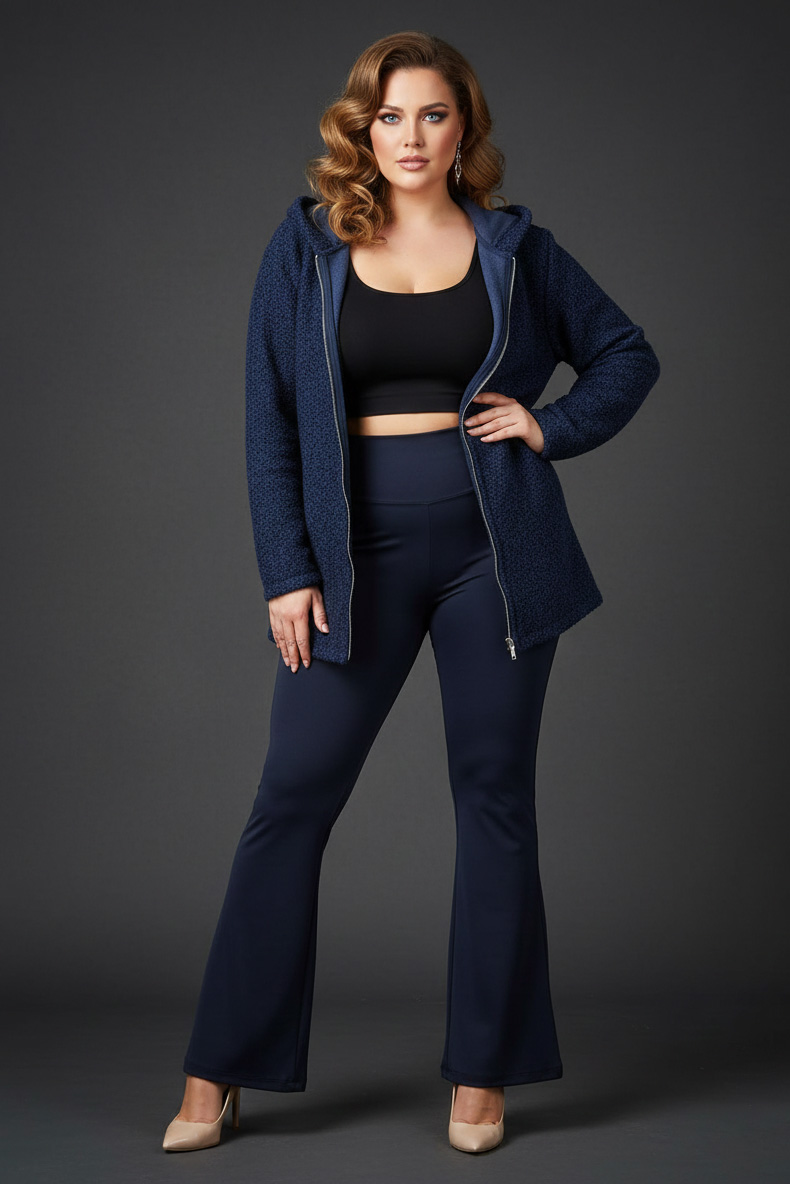 Γυναικεία Ζακέτα Μπλε Με Μπουκλε Με Κουκούλα Curve-Plus Size