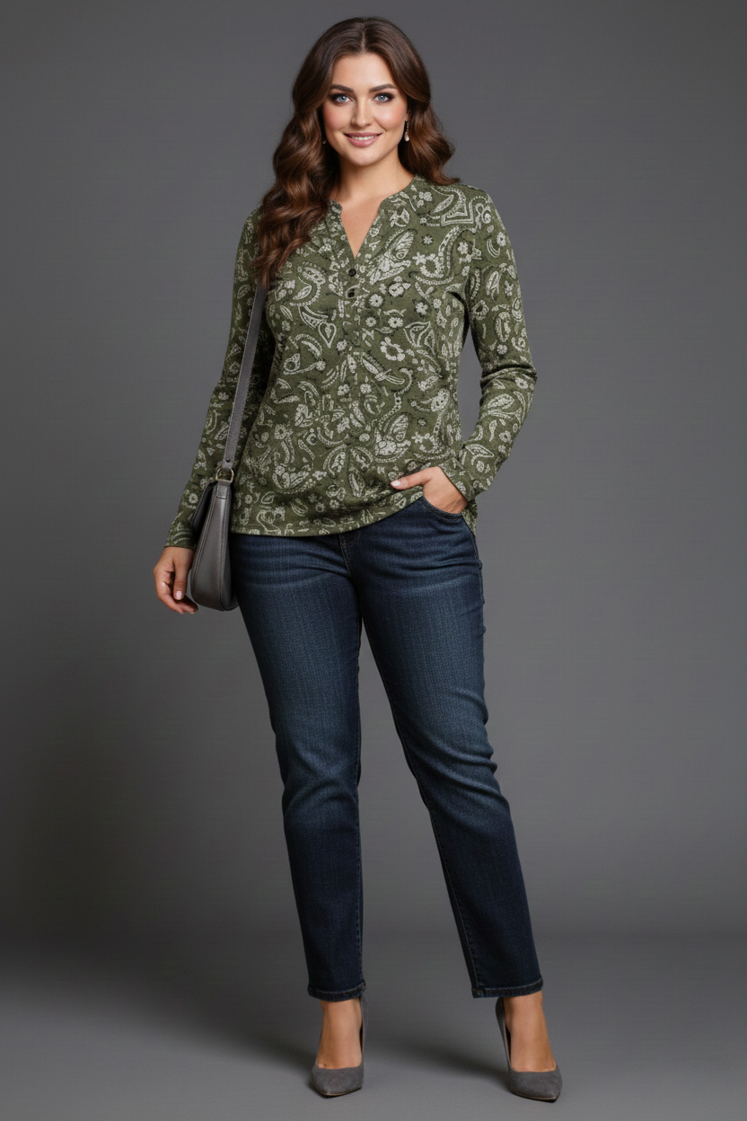 Γυναικεία Μπλούζα Πράσινο Floral σε Ψιλό Πλεκτό Με 3 Κουμπιά Curve-Plus Size