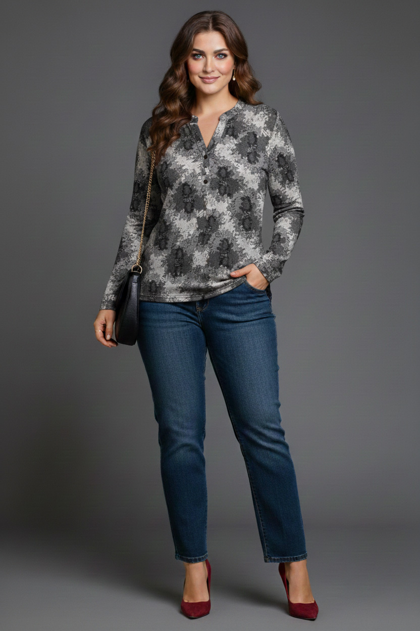 Γυναικεία Μπλούζα Γκρι Floral σε Ψιλό Πλεκτό Με 3 κουμπιά Curve-Plus Size