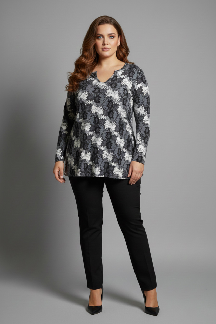 Γυναικεία Μπλούζα  V σε Ψιλό Πλεκτό Floral Γκρι Μοτίβο Curve-Plus Size