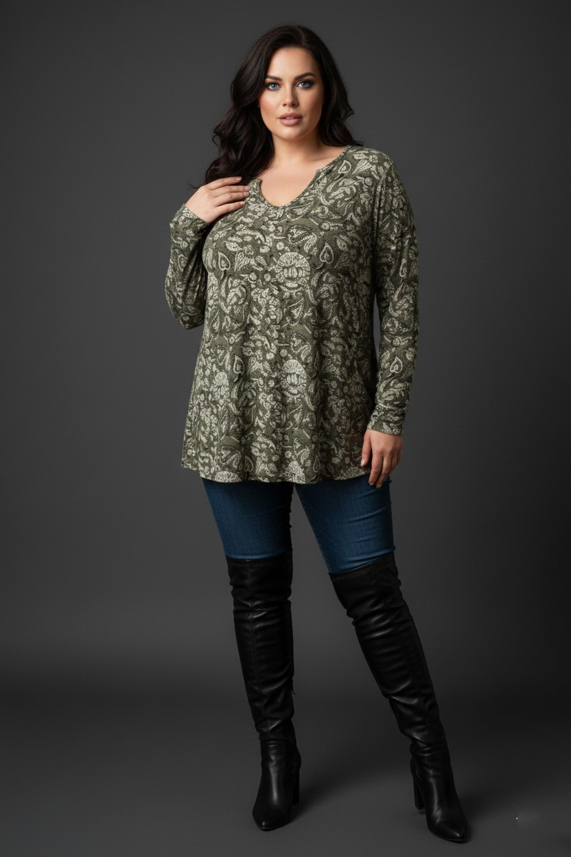 Γυναικεία Μπλούζα Πράσινη Χακί Λαχούρι V σε Ψιλό Πλεκτό Curve-Plus Size