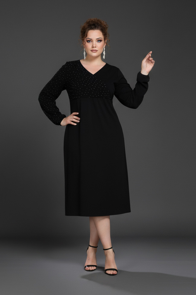 Γυναικείο Midi Φόρεμα Viscose μαύρο διακριτική, λαμπερή φάσα με στρας Plus size