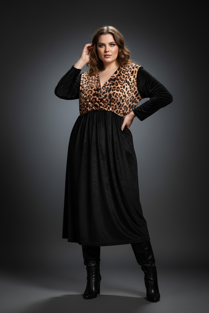 Γυναικείο Φόρεμα Κρουαζέ Βελουτέ Μαύρο/Leopar Plus size