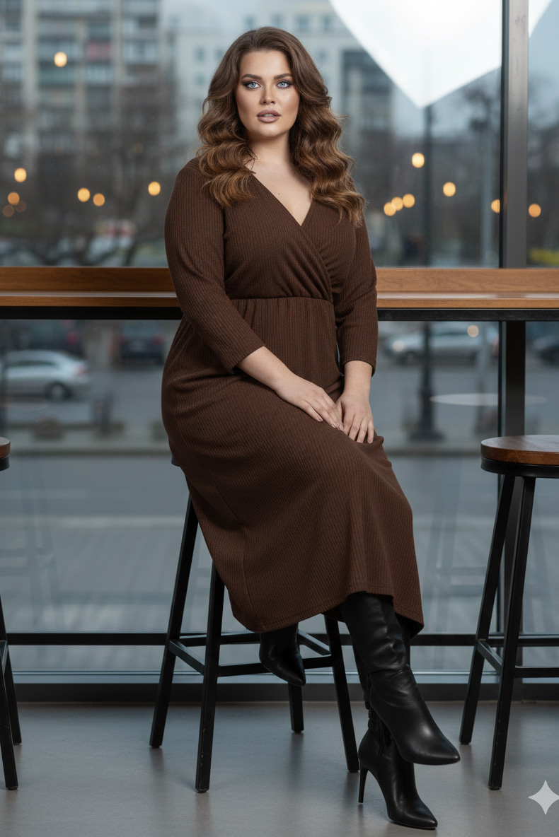 Γυναικείο Φόρεμα Λεπτό Πλεκτό Ριπ Καφέ  Plus size